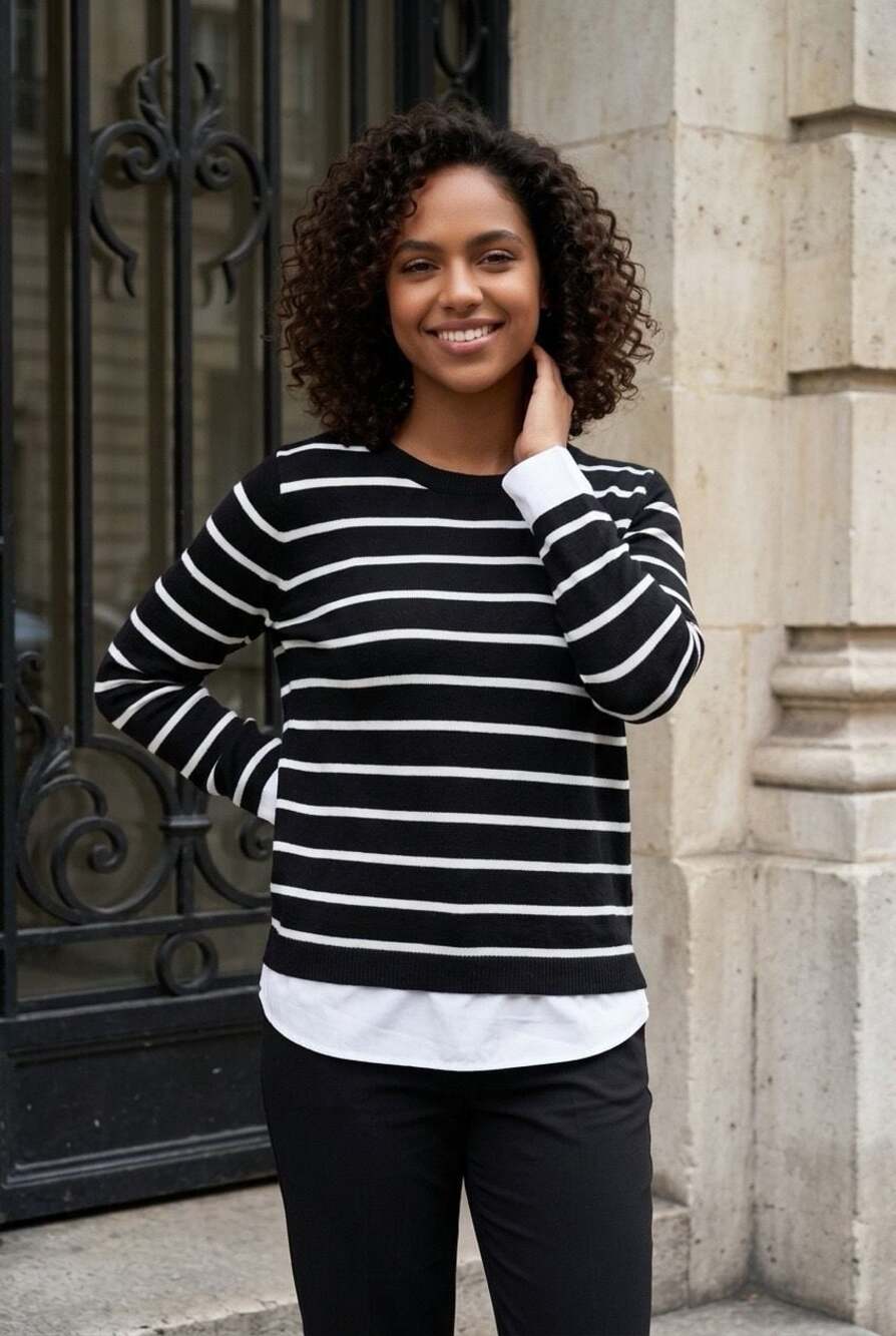 Grace The Perfect Fit Black & White Striped Layered Look Sweater Size XL item 07